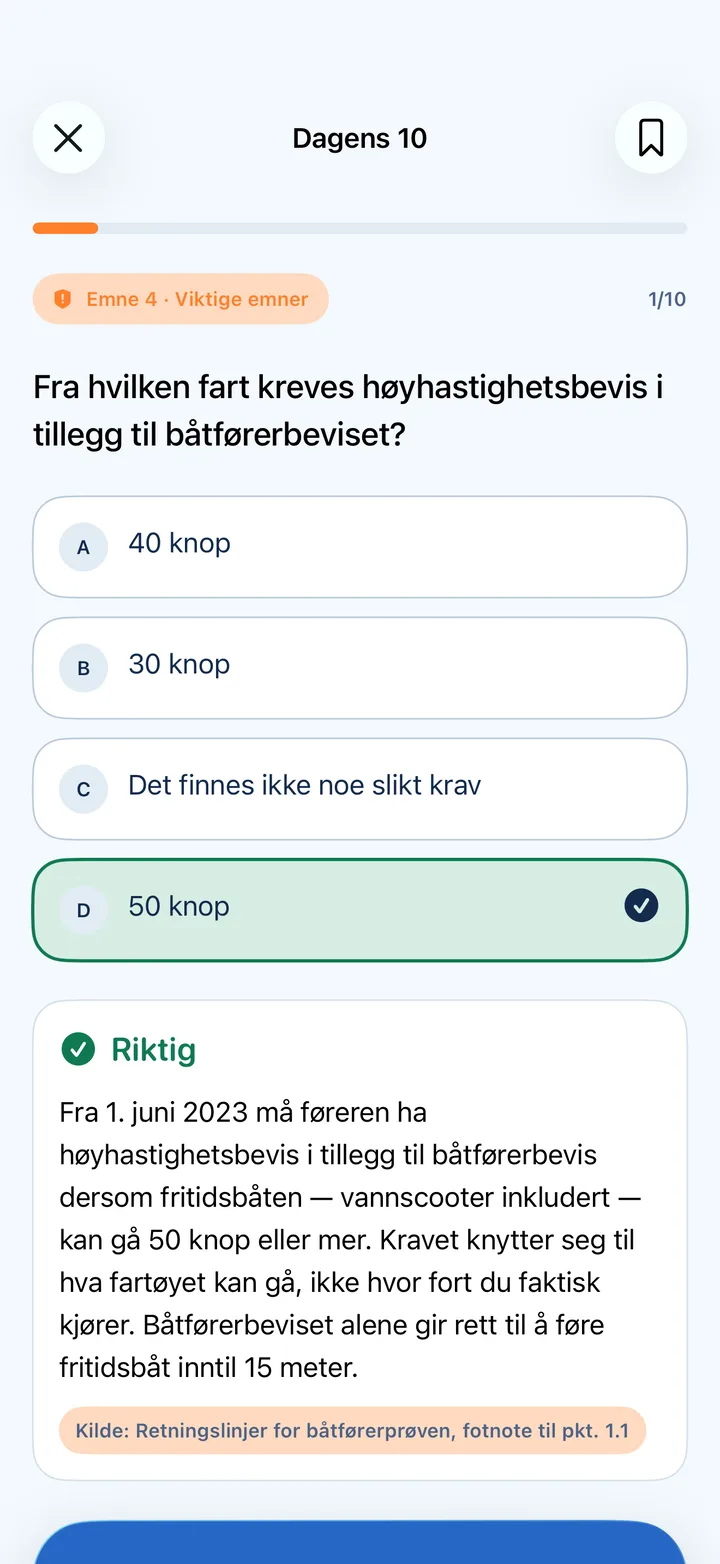 Kystklar viser et riktig svar med forklaring og kilde