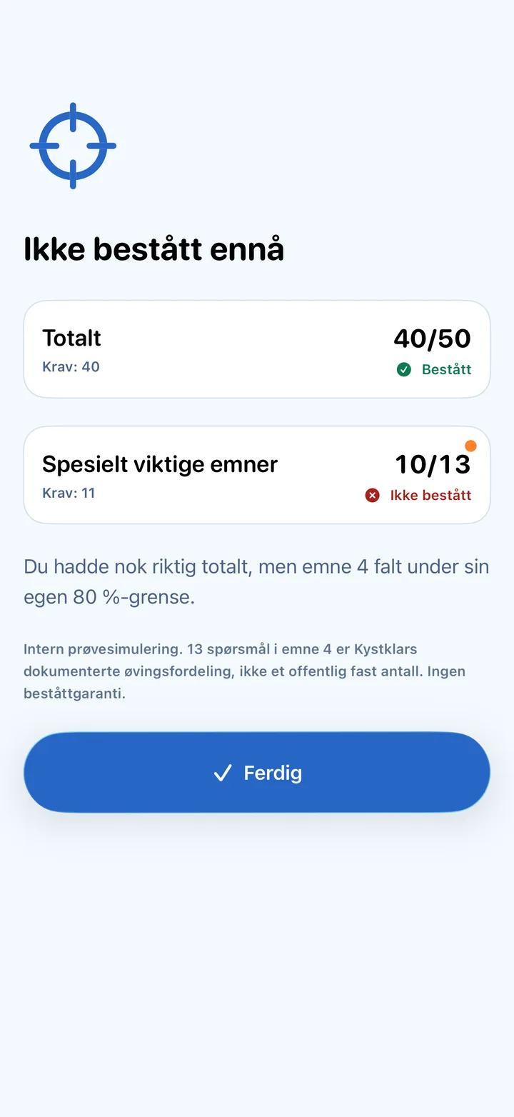 Kystklar viser begge beståttkravene etter en prøveøkt