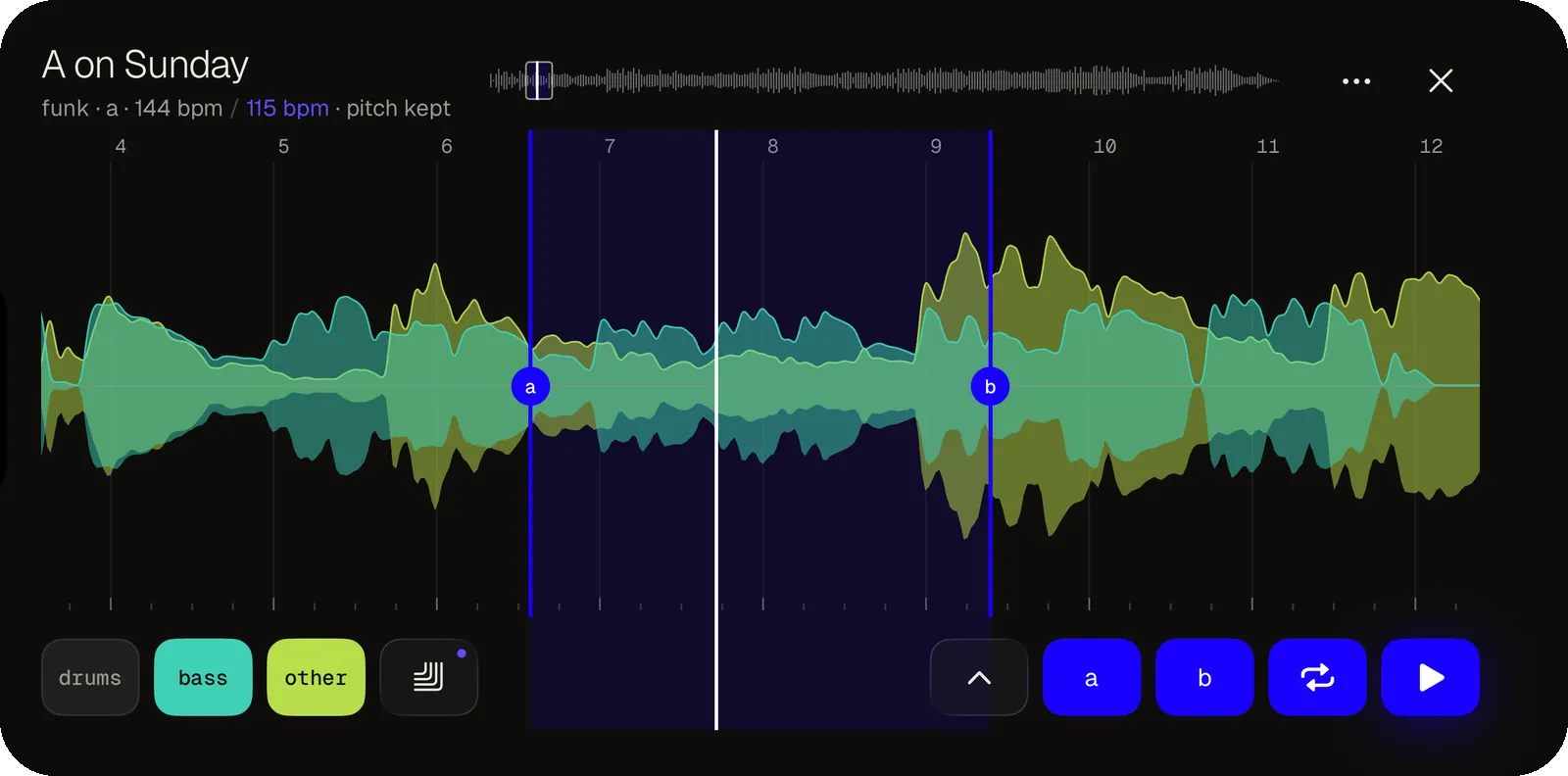 The Spole player in landscape: a wide waveform with the stem pads and the a, b, loop and play keys below it