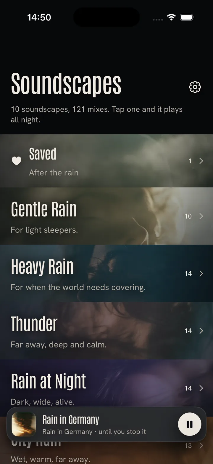 The Soundscapes list: Saved, Gentle Rain, Heavy Rain, Thunder, Rain at Night, each as a picture band.