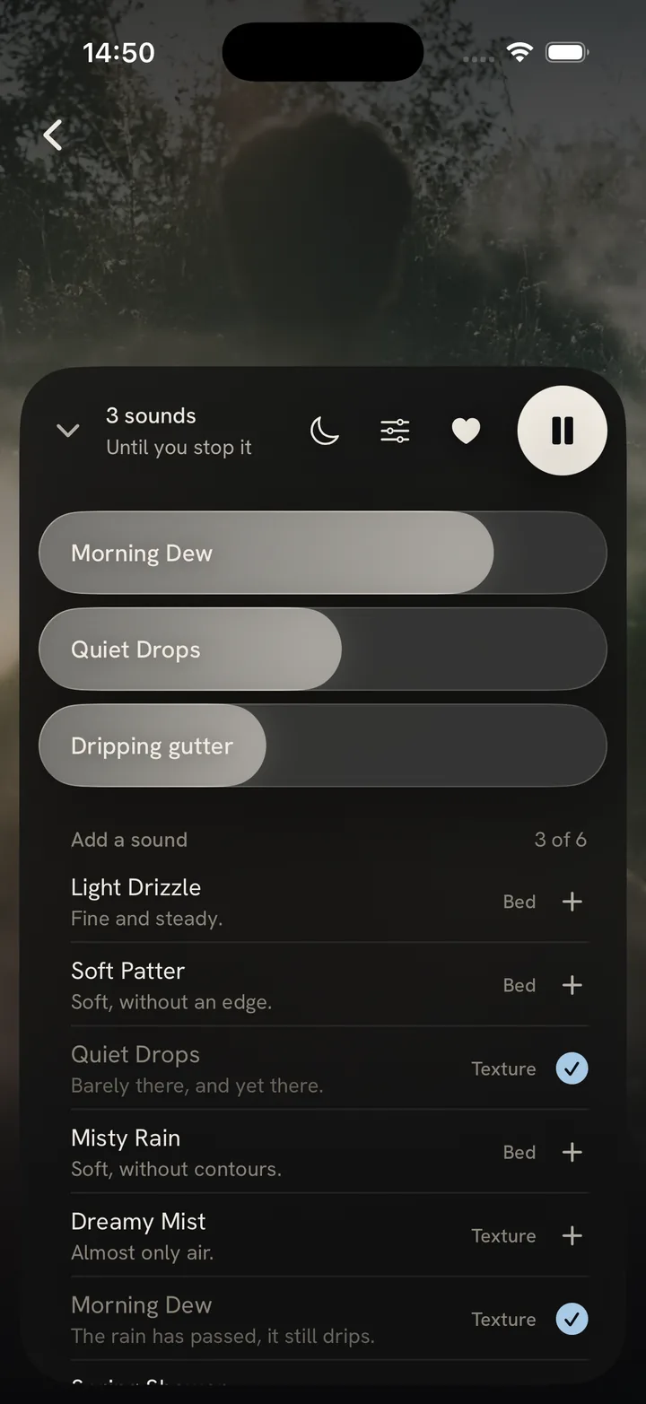 The open dock: three volume pills for Morning Dew, Quiet Drops and Dripping gutter, and the bank below to add a sound.