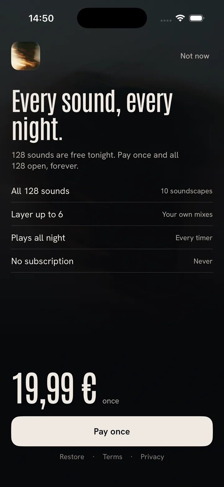 The pay-once screen: Every sound, every night, four rows of what is included, the price, one button.
