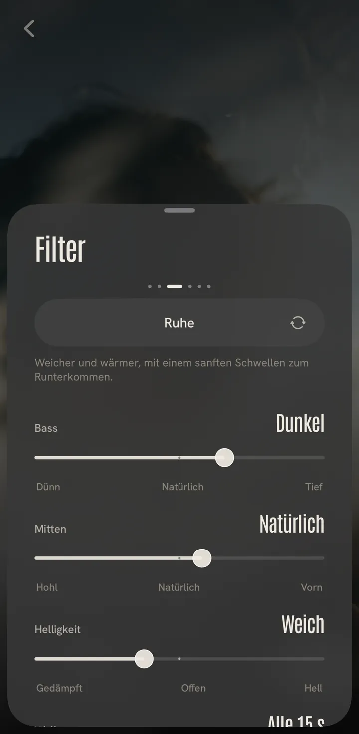 Das Blatt Filter: eine Voreinstellung und drei feine Regler für Bass, Mitten und Helligkeit.