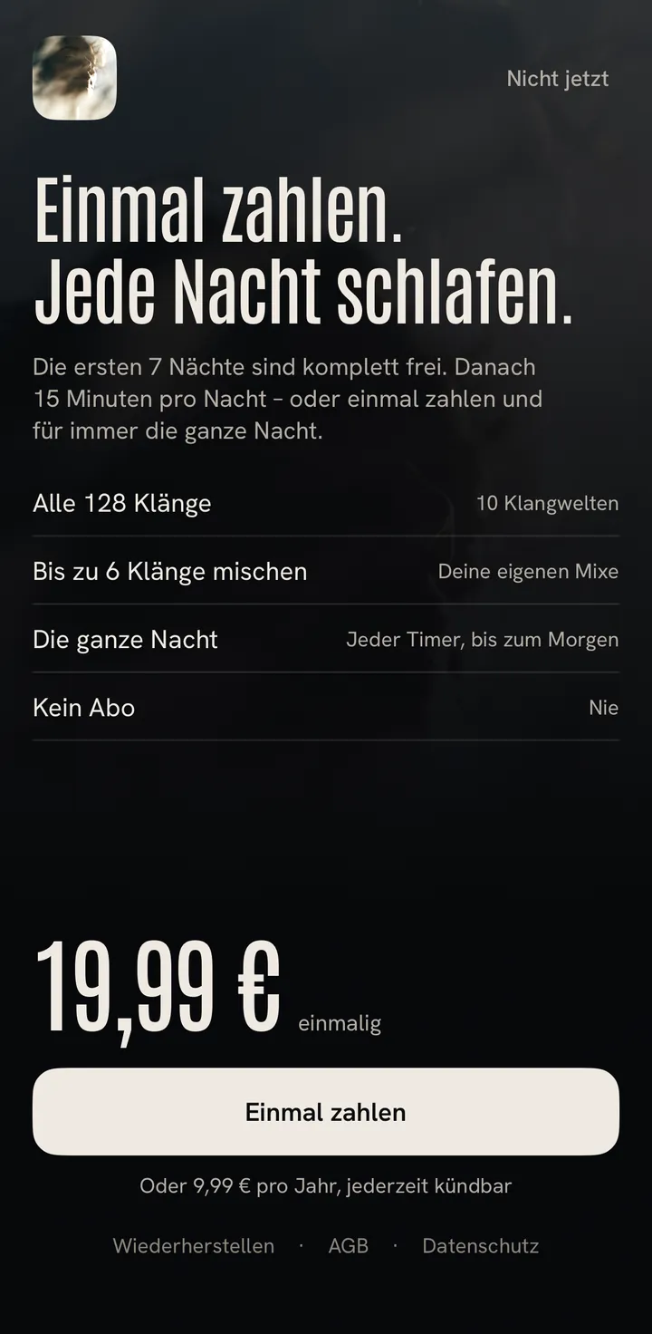 Die Seite Einmal zahlen: Jede Nacht schlafen, vier Zeilen mit dem, was enthalten ist, der Preis, ein Knopf.