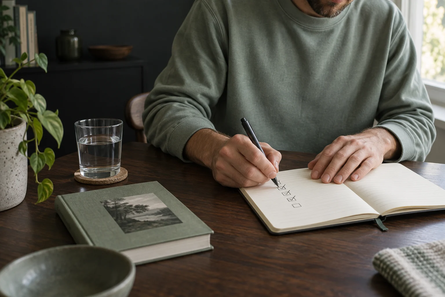 A person marking a completed daily habit in a notebook beside a book and a glass of water